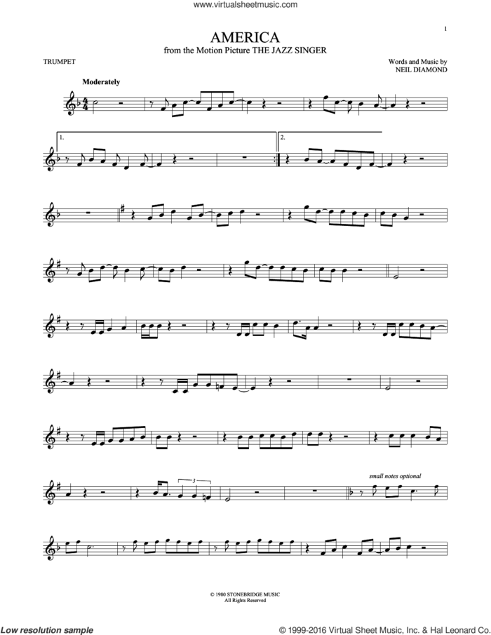 America sheet music for trumpet solo by Neil Diamond, intermediate skill level