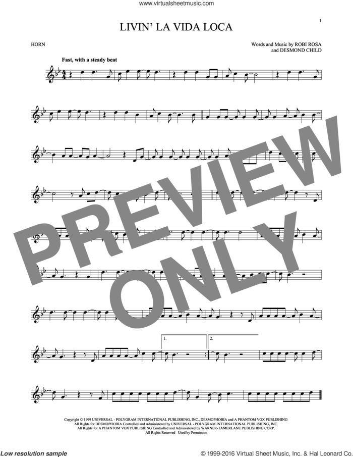 Livin' La Vida Loca sheet music for horn solo by Ricky Martin, Desmond Child and Robi Rosa, intermediate skill level