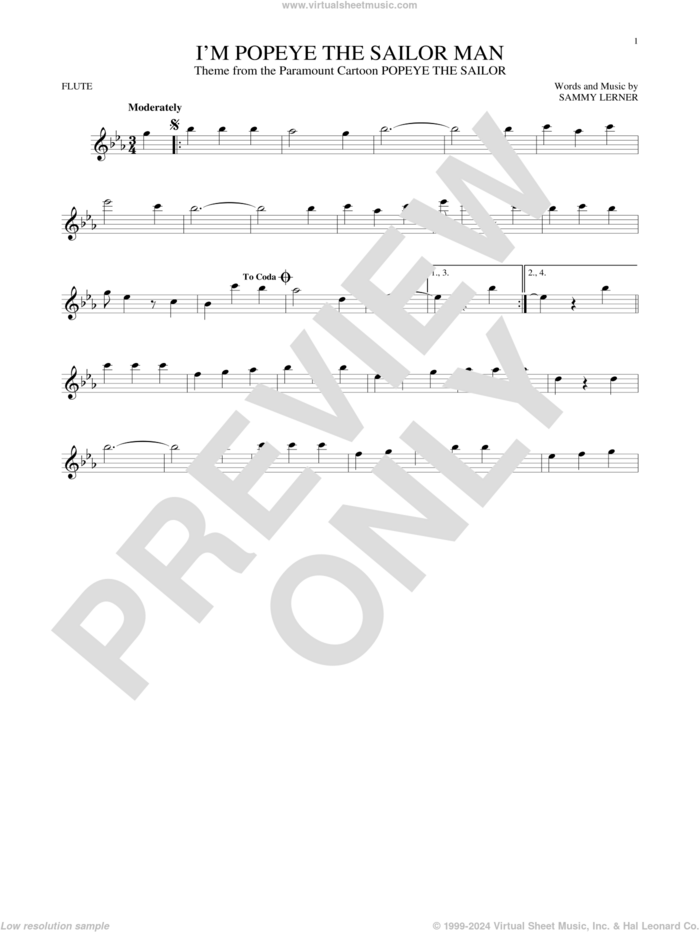 I'm Popeye The Sailor Man sheet music for flute solo by Sammy Lerner, intermediate skill level