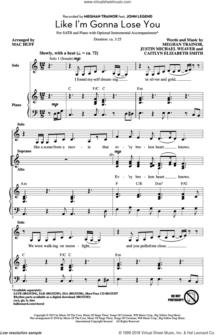 Like I'm Gonna Lose You sheet music for choir (SATB: soprano, alto, tenor, bass) by Mac Huff and Meghan Trainor, intermediate skill level