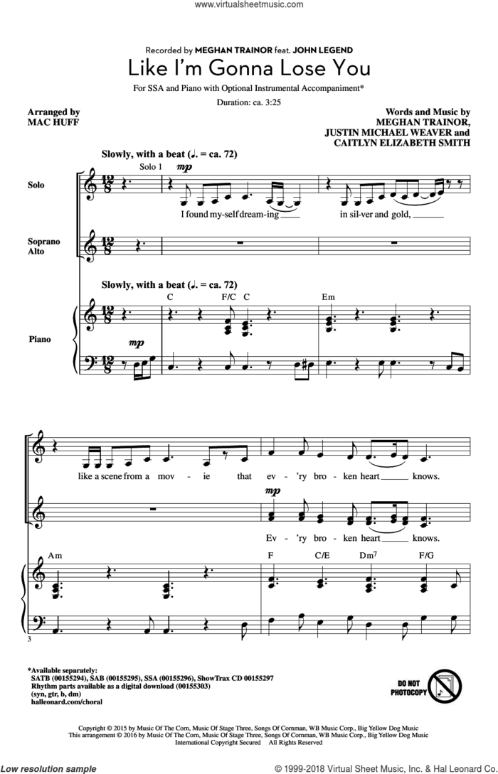 Like I'm Gonna Lose You sheet music for choir (SSA: soprano, alto) by Mac Huff and Meghan Trainor, intermediate skill level