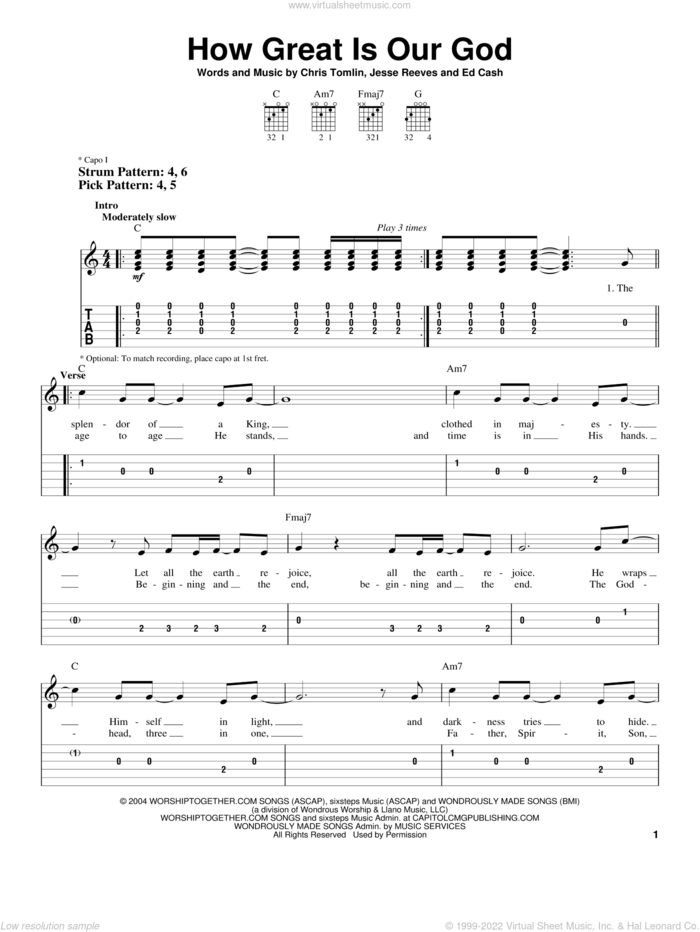 How Great Is Our God sheet music for guitar solo (easy tablature) by Chris Tomlin, Ed Cash and Jesse Reeves, easy guitar (easy tablature)