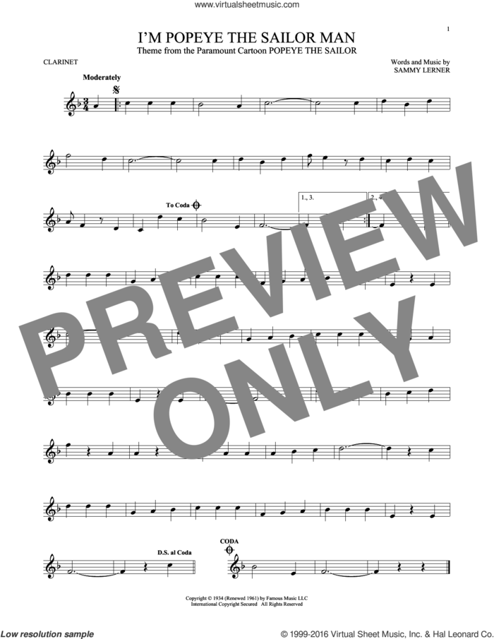 I'm Popeye The Sailor Man sheet music for clarinet solo by Sammy Lerner, intermediate skill level