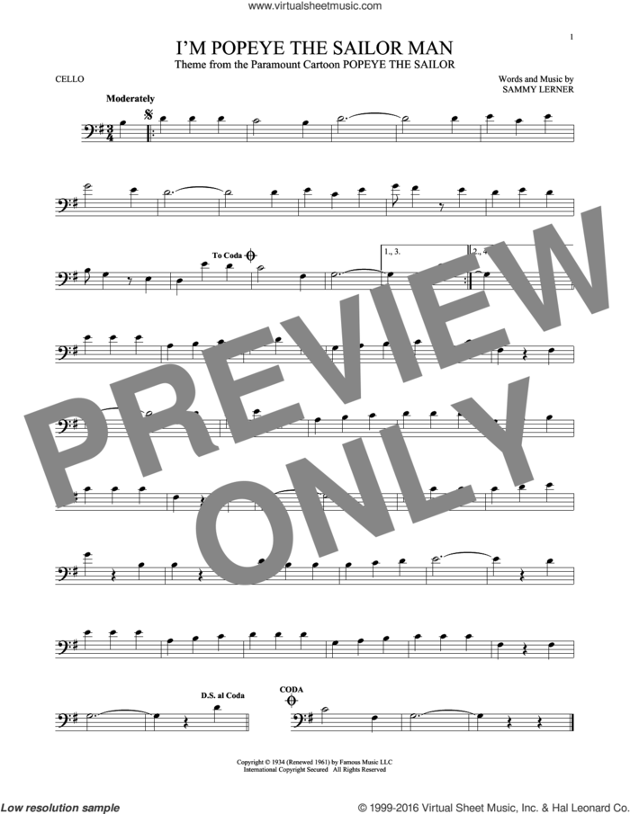 I'm Popeye The Sailor Man sheet music for cello solo by Sammy Lerner, intermediate skill level