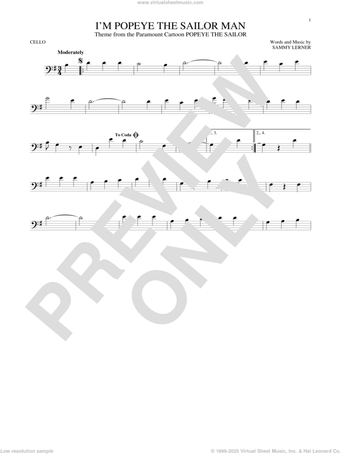 I'm Popeye The Sailor Man sheet music for cello solo by Sammy Lerner, intermediate skill level