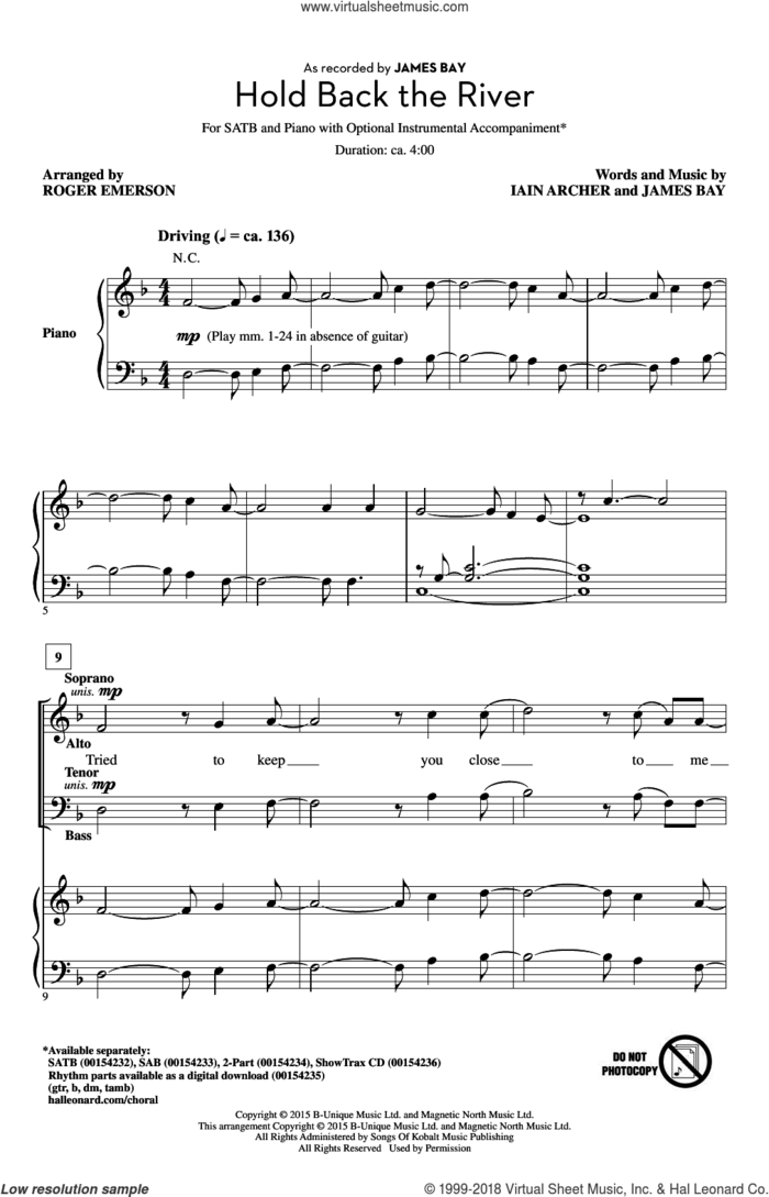 Hold Back The River sheet music for choir (SATB: soprano, alto, tenor, bass) by Roger Emerson, Iain Archer and James Bay, intermediate skill level