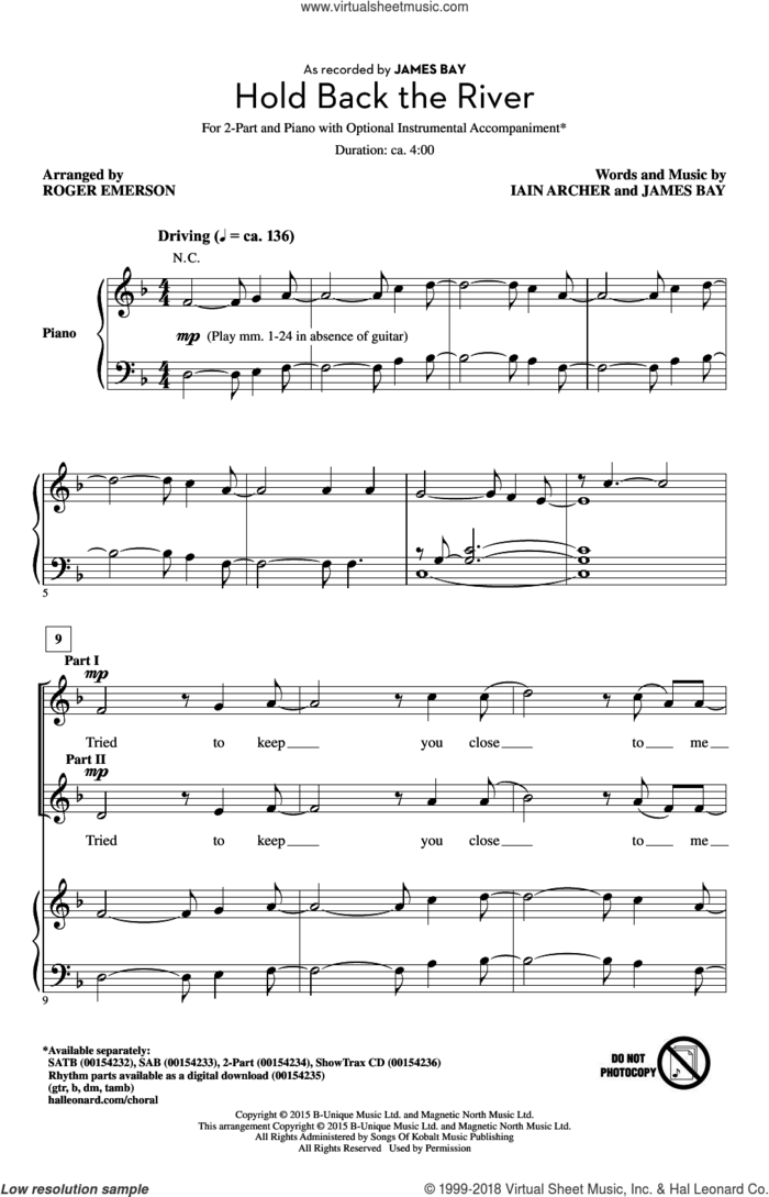 Hold Back The River (arr. Roger Emerson) sheet music for choir (2-Part) by Roger Emerson, Iain Archer and James Bay, intermediate duet