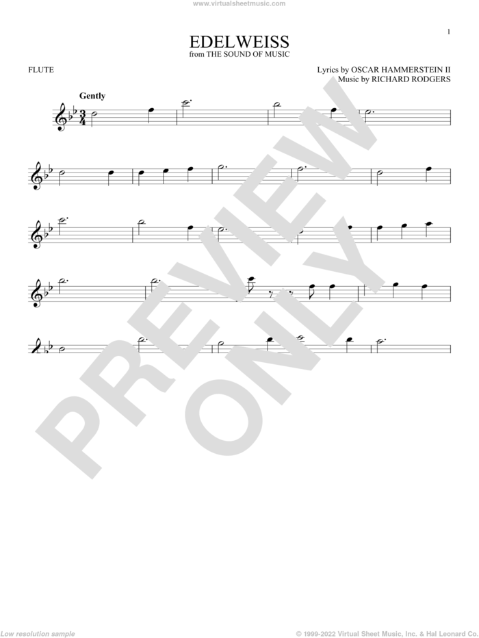 Edelweiss sheet music for flute solo by Richard Rodgers, Oscar II Hammerstein and Rodgers & Hammerstein, intermediate skill level