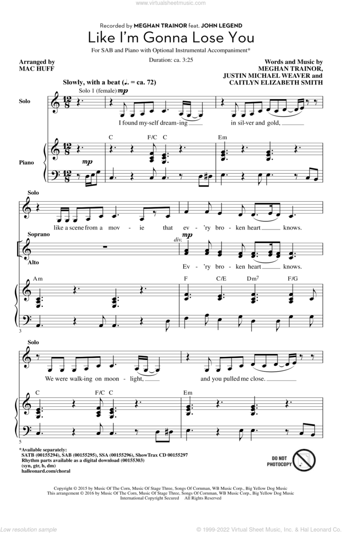 Like I'm Gonna Lose You sheet music for choir (SAB: soprano, alto, bass) by Mac Huff and Meghan Trainor, intermediate skill level
