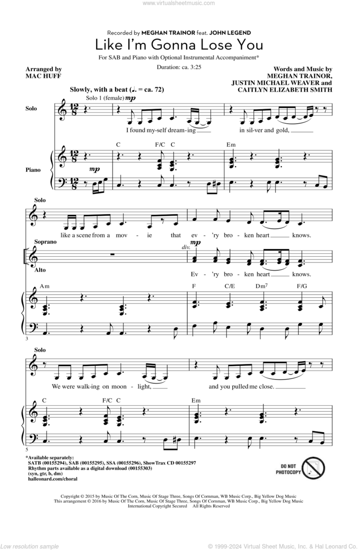 Like I'm Gonna Lose You sheet music for choir (SAB: soprano, alto, bass) by Mac Huff and Meghan Trainor, intermediate skill level