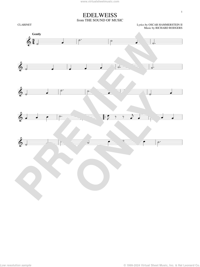 Edelweiss sheet music for clarinet solo by Richard Rodgers, Oscar II Hammerstein and Rodgers & Hammerstein, intermediate skill level