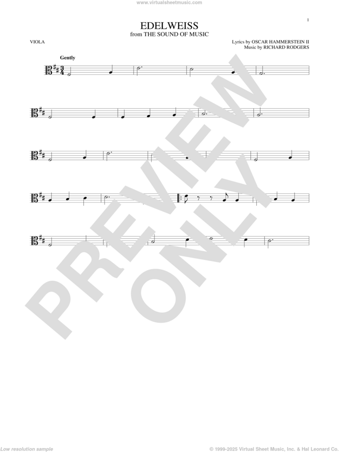 Edelweiss sheet music for viola solo by Richard Rodgers, Oscar II Hammerstein and Rodgers & Hammerstein, intermediate skill level