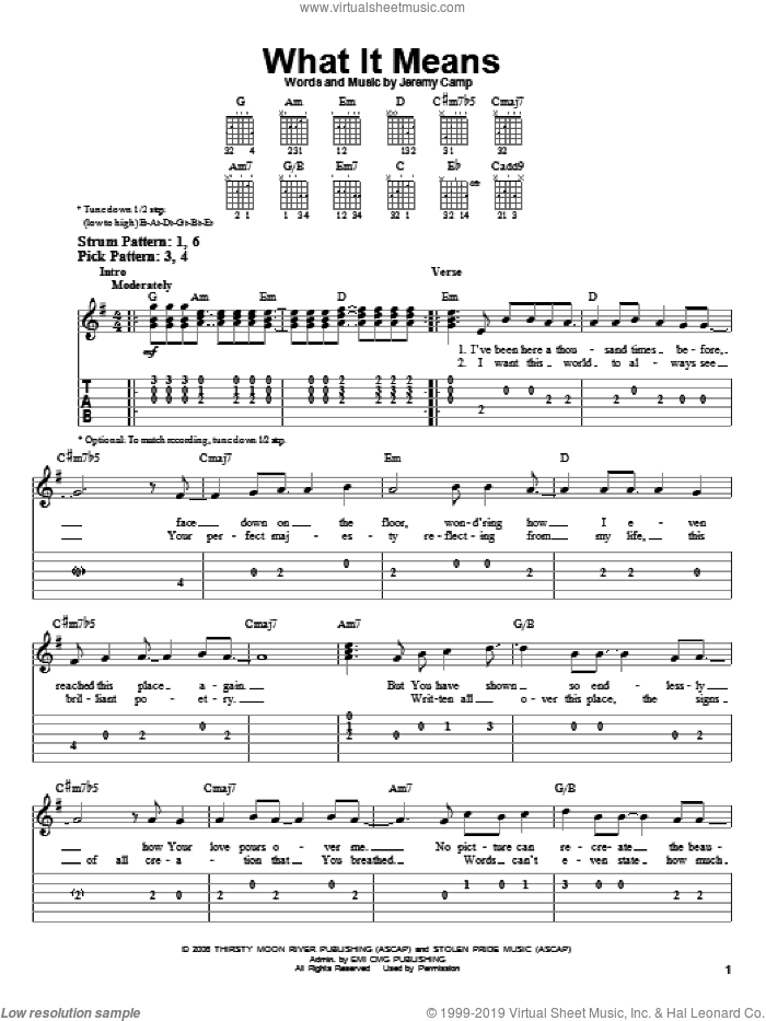 What It Means sheet music for guitar solo (easy tablature) by Jeremy Camp, easy guitar (easy tablature)