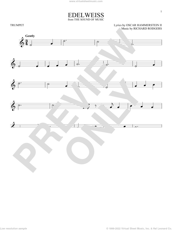 Edelweiss sheet music for trumpet solo by Richard Rodgers, Oscar II Hammerstein and Rodgers & Hammerstein, intermediate skill level