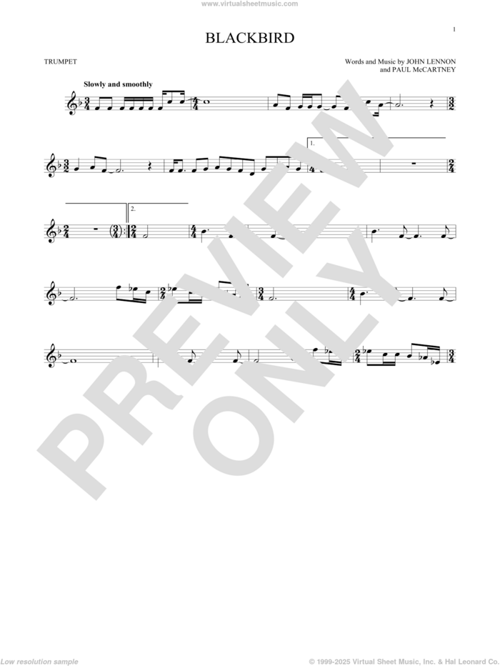 Blackbird sheet music for trumpet solo by The Beatles, Wings, John Lennon and Paul McCartney, intermediate skill level