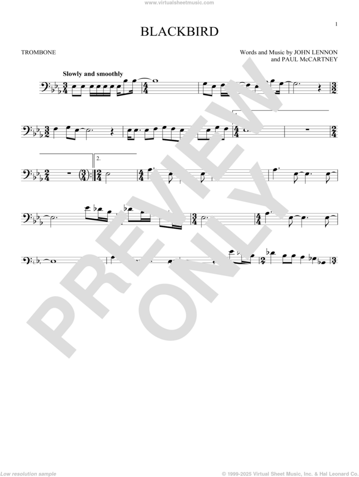 Blackbird sheet music for trombone solo by The Beatles, Wings, John Lennon and Paul McCartney, intermediate skill level