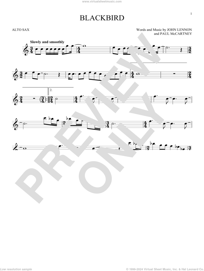 Blackbird sheet music for alto saxophone solo by The Beatles, Wings, John Lennon and Paul McCartney, intermediate skill level