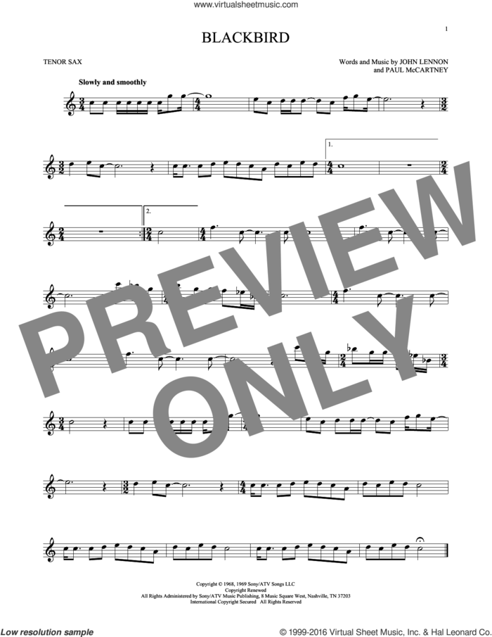 Blackbird sheet music for tenor saxophone solo by The Beatles, Wings, John Lennon and Paul McCartney, intermediate skill level