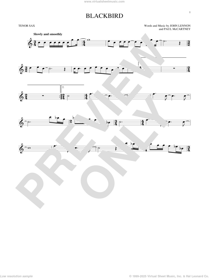 Blackbird sheet music for tenor saxophone solo by The Beatles, Wings, John Lennon and Paul McCartney, intermediate skill level