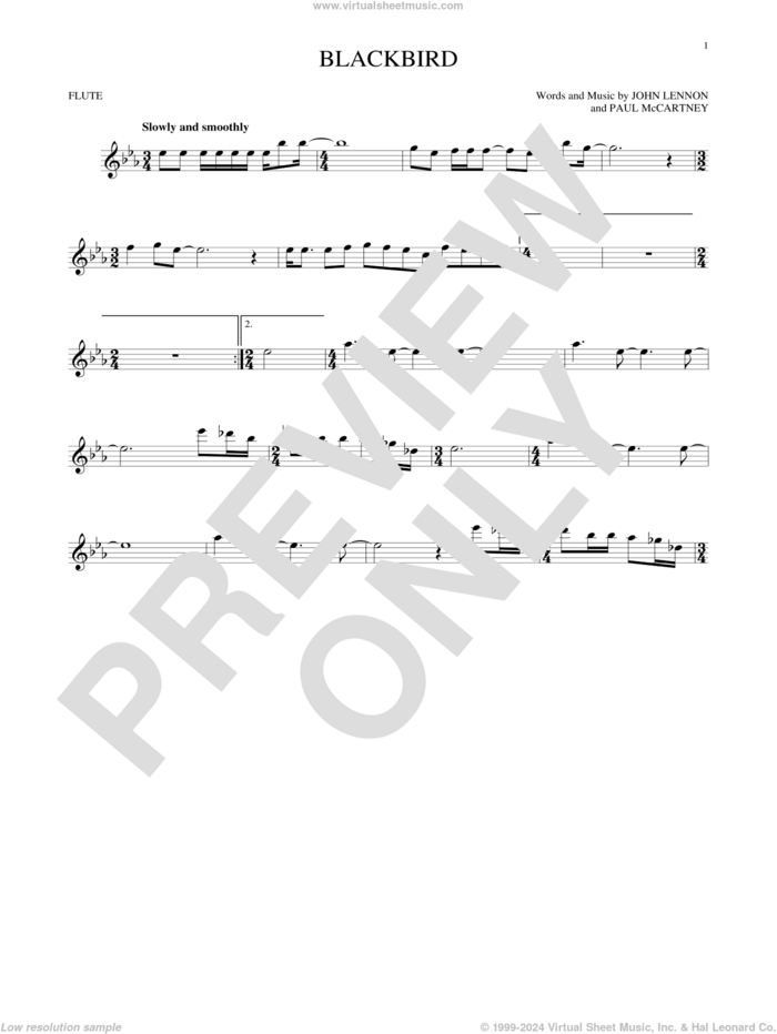 Blackbird sheet music for flute solo by The Beatles, Wings, John Lennon and Paul McCartney, intermediate skill level