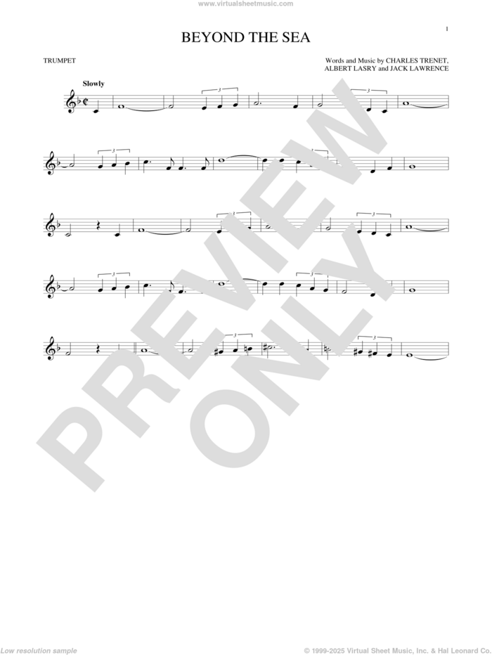 Beyond The Sea sheet music for trumpet solo by Bobby Darin, Roger Williams, Albert Lasry, Charles Trenet and Jack Lawrence, intermediate skill level