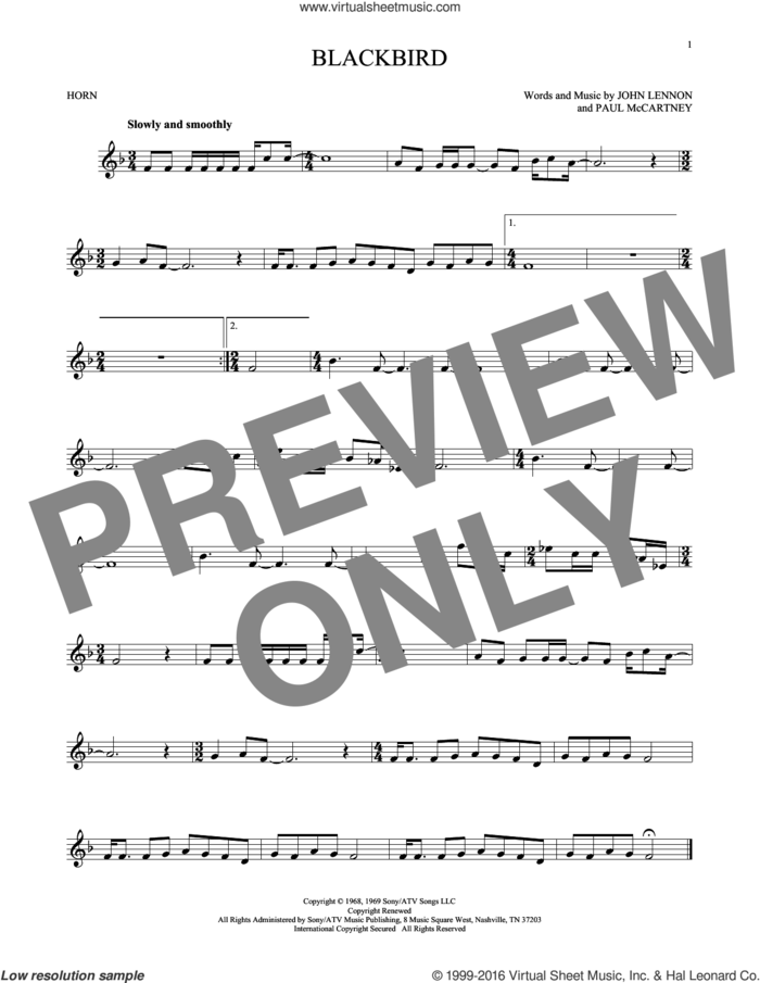 Blackbird sheet music for horn solo by The Beatles, Wings, John Lennon and Paul McCartney, intermediate skill level