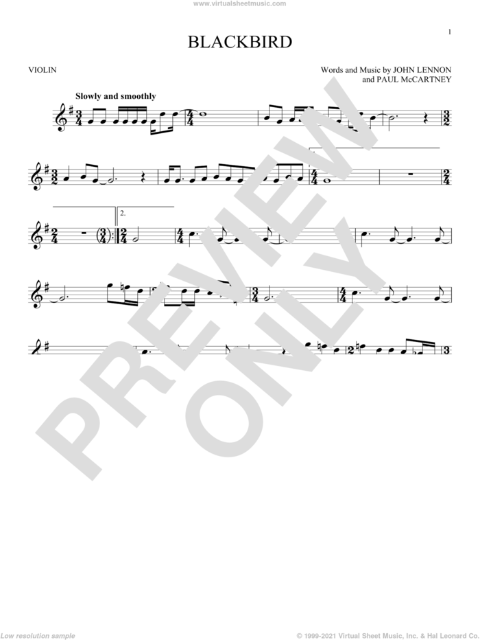 Blackbird sheet music for violin solo by The Beatles, Wings, John Lennon and Paul McCartney, intermediate skill level