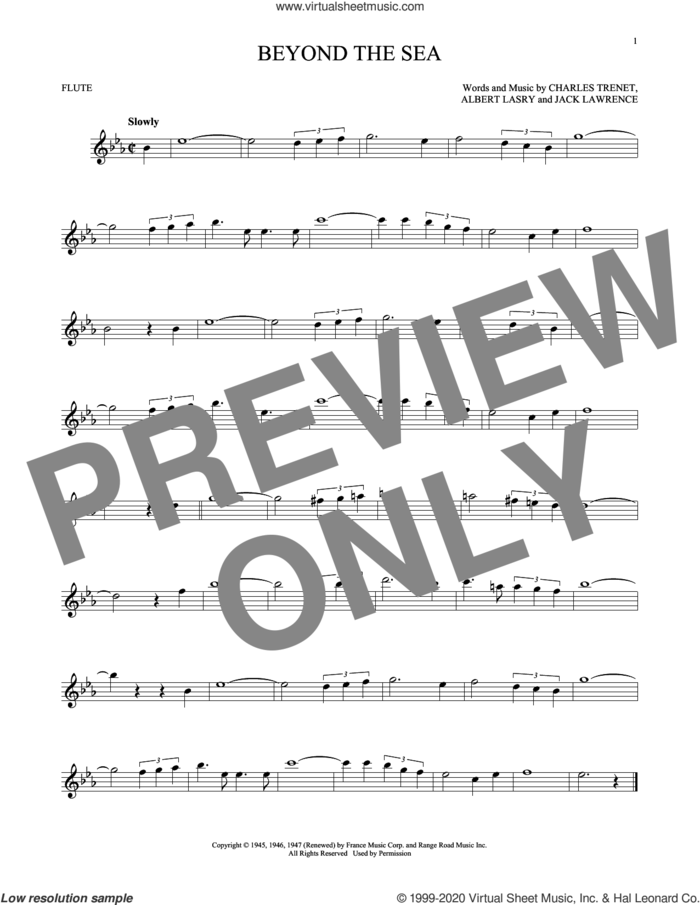 Beyond The Sea sheet music for flute solo by Bobby Darin, Roger Williams, Albert Lasry, Charles Trenet and Jack Lawrence, intermediate skill level