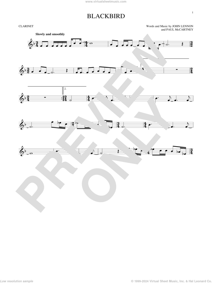 Blackbird sheet music for clarinet solo by The Beatles, Wings, John Lennon and Paul McCartney, intermediate skill level