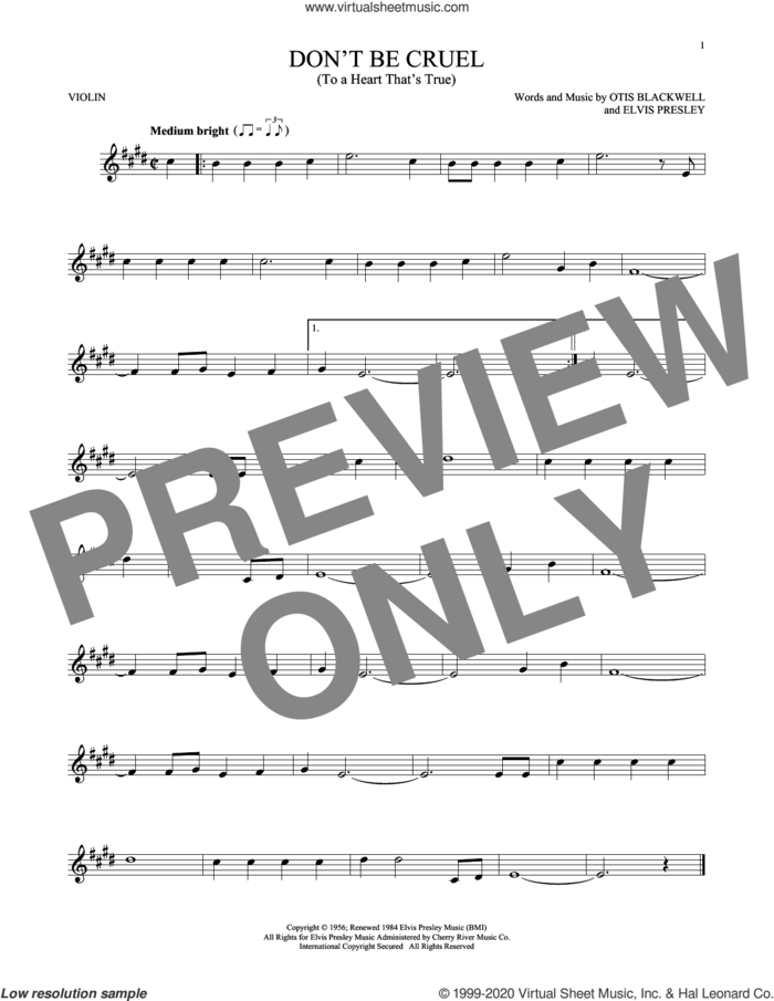 Don't Be Cruel (To A Heart That's True) sheet music for violin solo by Elvis Presley and Otis Blackwell, intermediate skill level