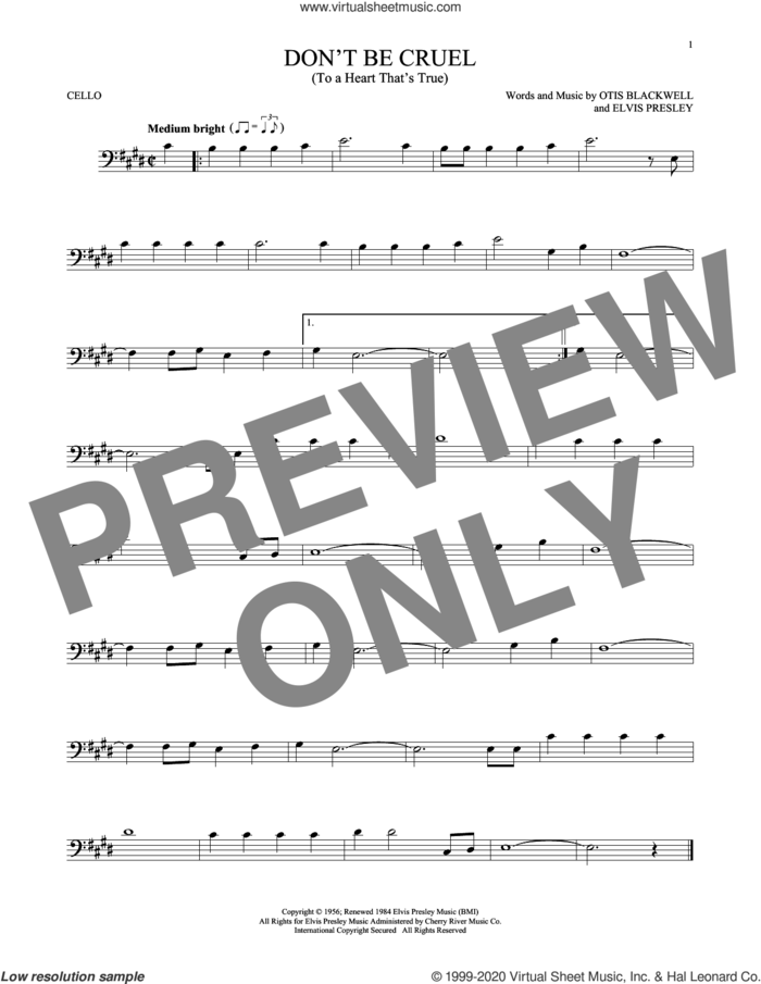 Don't Be Cruel (To A Heart That's True) sheet music for cello solo by Elvis Presley and Otis Blackwell, intermediate skill level