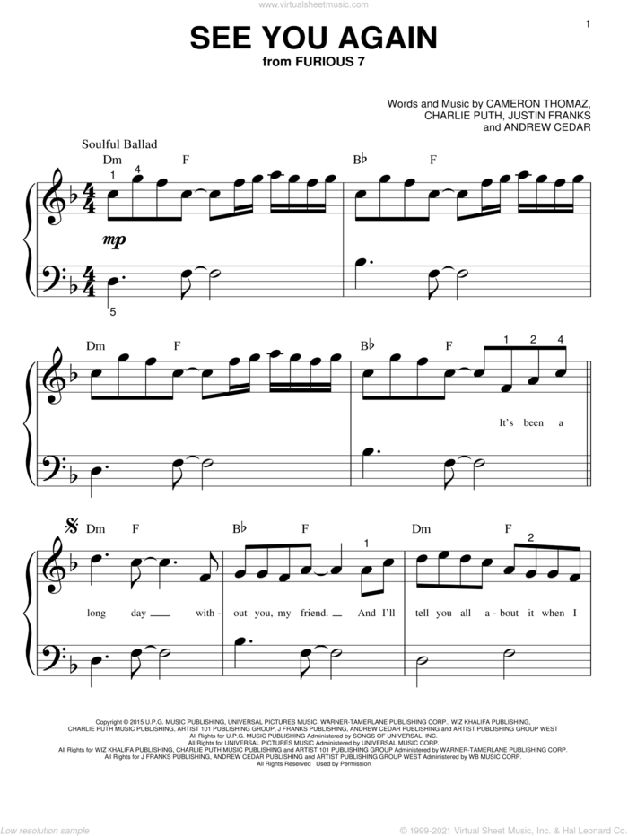 See You Again sheet music for piano solo (big note book) by Wiz Khalifa feat. Charlie Puth, Andrew Cedar, Cameron Thomaz, Charlie Puth and Justin Franks, easy piano (big note book)