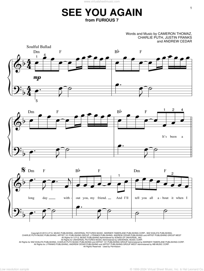 See You Again sheet music for piano solo (big note book) by Wiz Khalifa feat. Charlie Puth, Andrew Cedar, Cameron Thomaz, Charlie Puth and Justin Franks, easy piano (big note book)