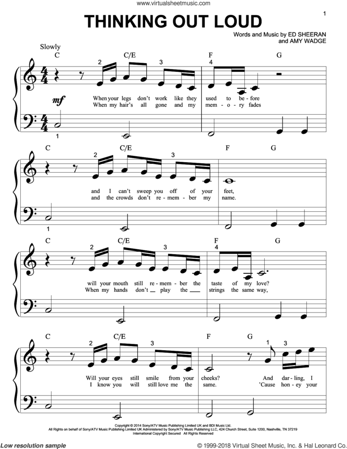 Thinking Out Loud sheet music for piano solo (big note book) by Ed Sheeran and Amy Wadge, wedding score, easy piano (big note book)