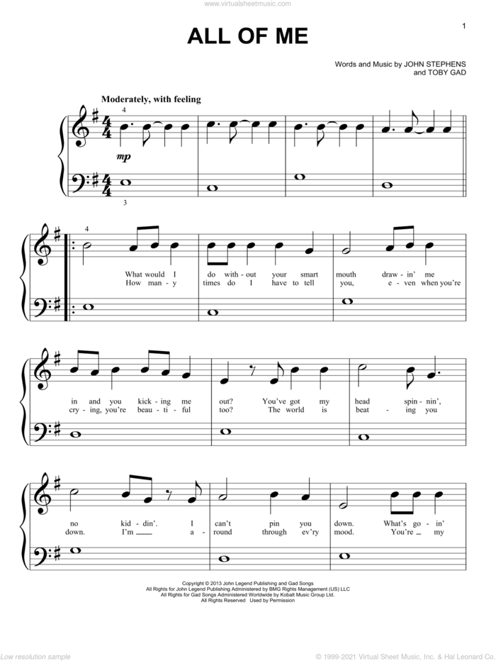 All Of Me sheet music for piano solo (big note book) by John Legend, John Stephens and Toby Gad, wedding score, easy piano (big note book)