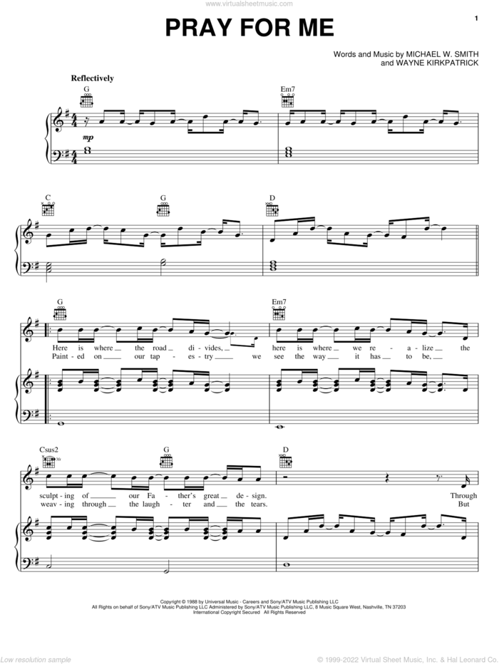 Pray For Me sheet music for voice, piano or guitar by Michael W. Smith and Wayne Kirkpatrick, intermediate skill level