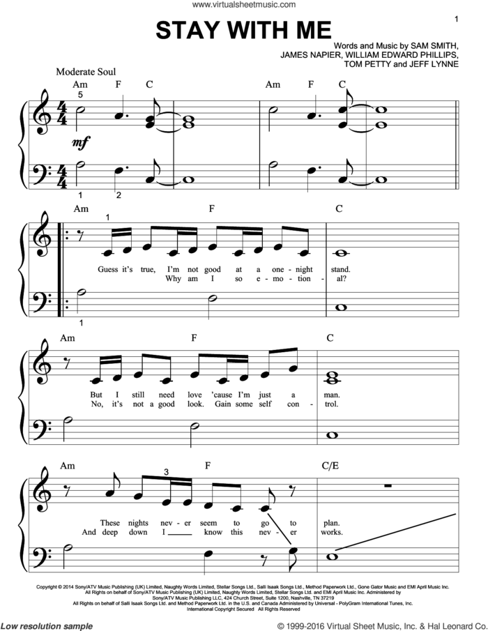 Stay With Me sheet music for piano solo (big note book) by Sam Smith, James Napier, Jeff Lynne, Tom Petty and William Edward Phillips, easy piano (big note book)