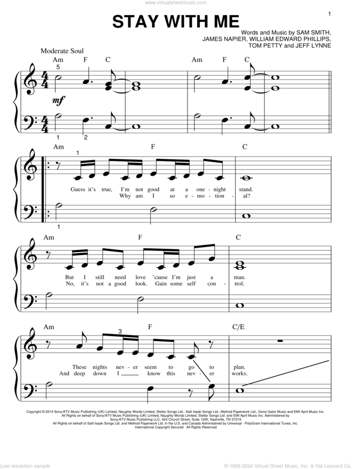 Stay With Me sheet music for piano solo (big note book) by Sam Smith, James Napier, Jeff Lynne, Tom Petty and William Edward Phillips, easy piano (big note book)