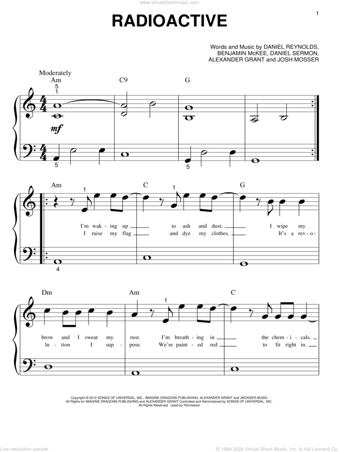 Radioactive sheet music for piano solo (big note book) by Imagine Dragons, Alexander Grant, Benjamin McKee, Daniel Reynolds, Daniel Sermon and Josh Mosser, easy piano (big note book)