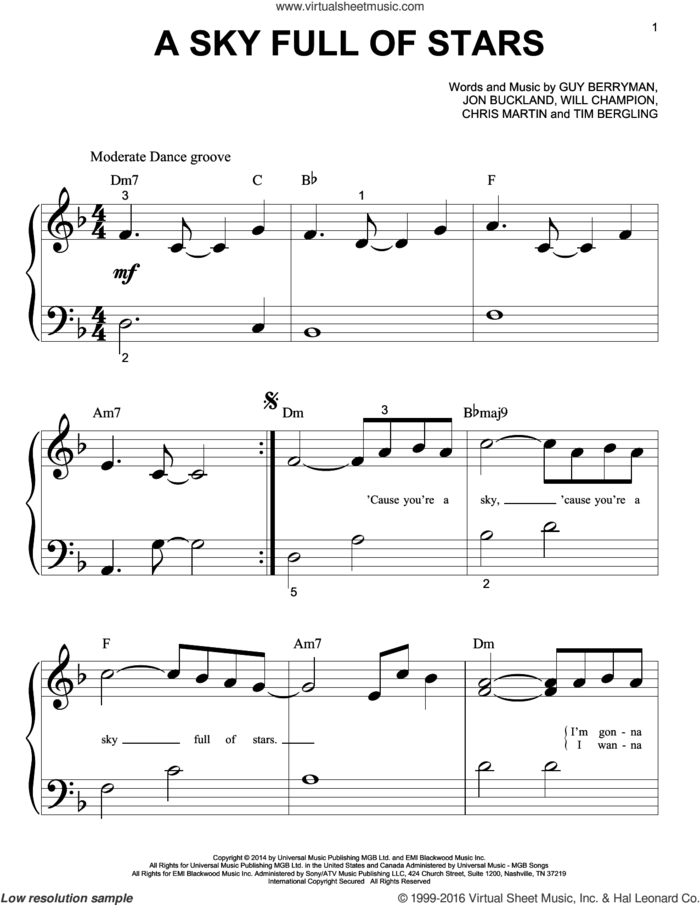 A Sky Full Of Stars sheet music for piano solo (big note book) by Coldplay, Chris Martin, Guy Berryman, Jon Buckland, Tim Bergling and Will Champion, wedding score, easy piano (big note book)