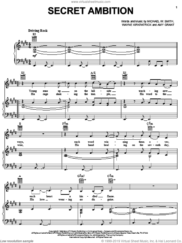Secret Ambition sheet music for voice, piano or guitar by Michael W. Smith, Amy Grant and Wayne Kirkpatrick, intermediate skill level