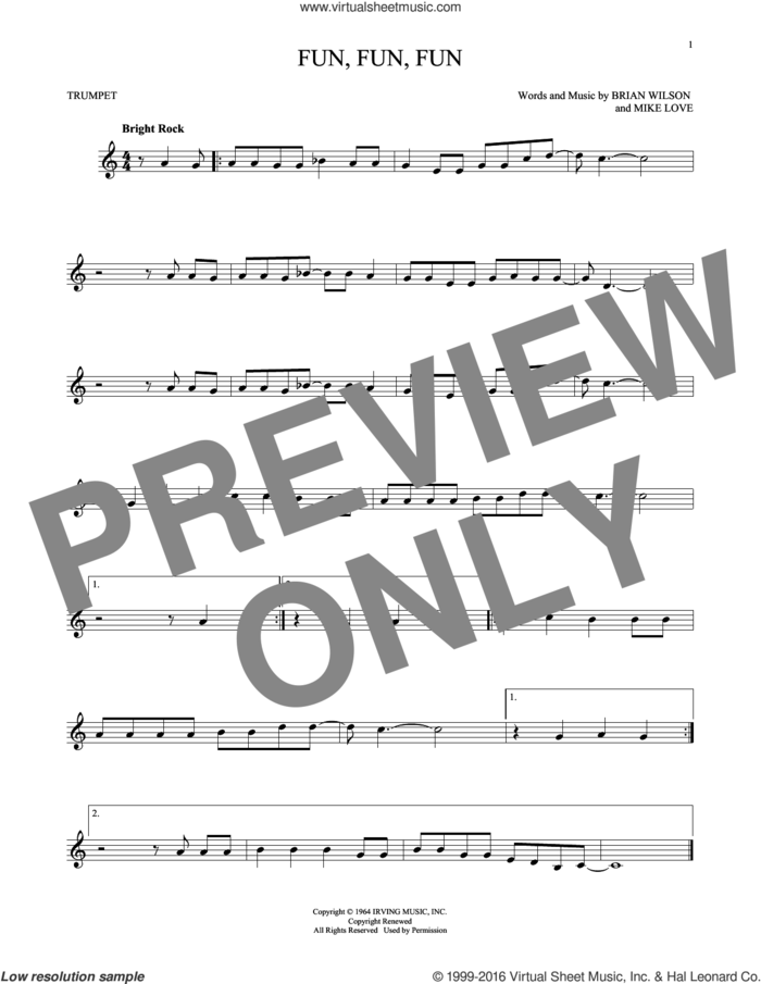 Fun, Fun, Fun sheet music for trumpet solo by The Beach Boys, Brian Wilson and Mike Love, intermediate skill level