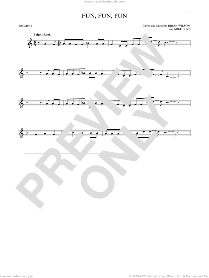 Fun, Fun, Fun sheet music for trumpet solo by The Beach Boys, Brian Wilson and Mike Love, intermediate skill level