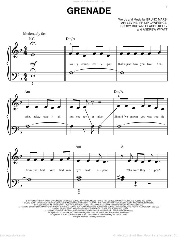 Grenade sheet music for piano solo (big note book) by Bruno Mars, Andrew Wyatt, Ari Levine, Brody Brown, Claude Kelly and Philip Lawrence, easy piano (big note book)