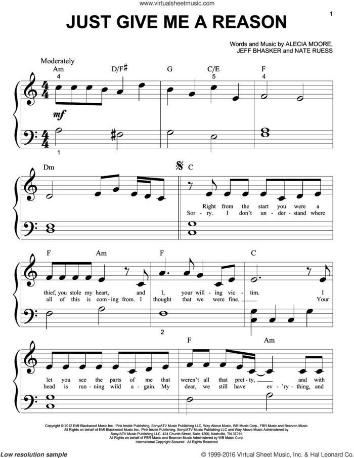 Just Give Me A Reason sheet music for piano solo (big note book) by Pink featuring Nate Ruess, Alecia Moore, Jeff Bhasker and Nate Ruess, easy piano (big note book)