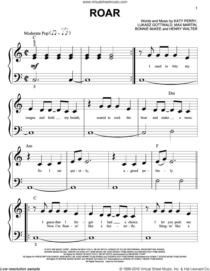 Roar sheet music for piano solo (big note book) by Katy Perry, Bonnie McKee, Henry Walter, Lukasz Gottwald and Max Martin, easy piano (big note book)