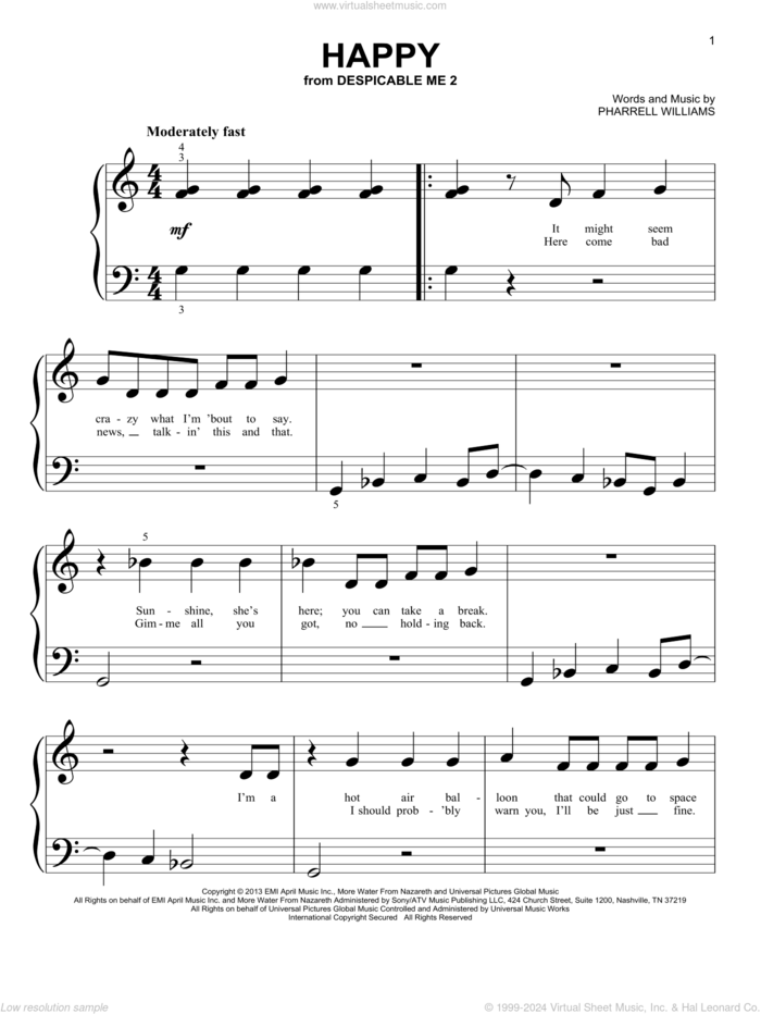 Happy sheet music for piano solo (big note book) by Pharrell and Pharrell Williams, easy piano (big note book)