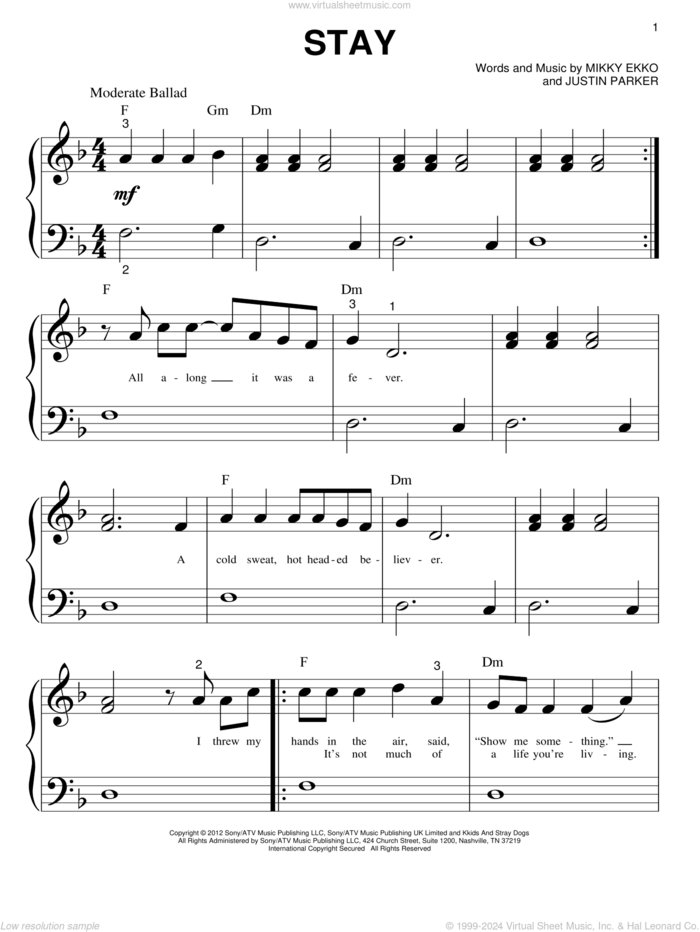 Stay sheet music for piano solo (big note book) by Rihanna, Justin Parker and Mikky Ekko, easy piano (big note book)