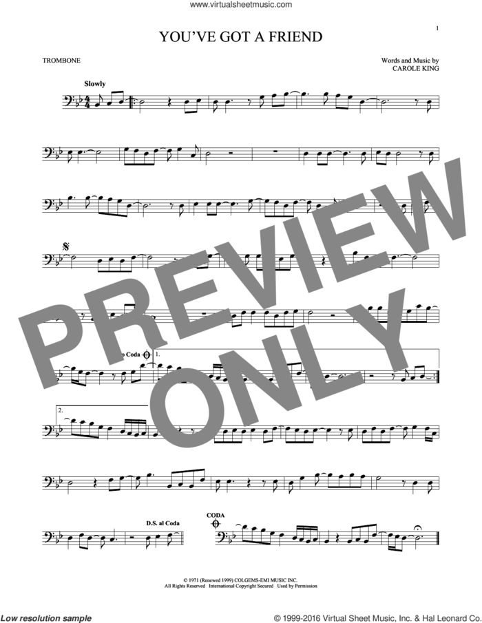 You've Got A Friend sheet music for trombone solo by James Taylor and Carole King, intermediate skill level