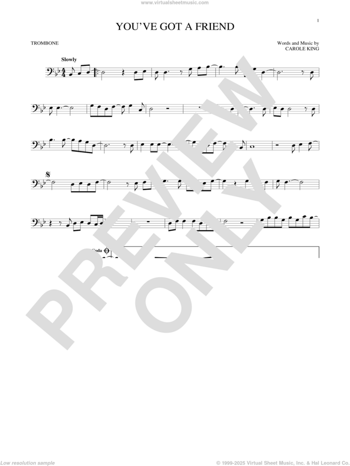 You've Got A Friend sheet music for trombone solo by James Taylor and Carole King, intermediate skill level